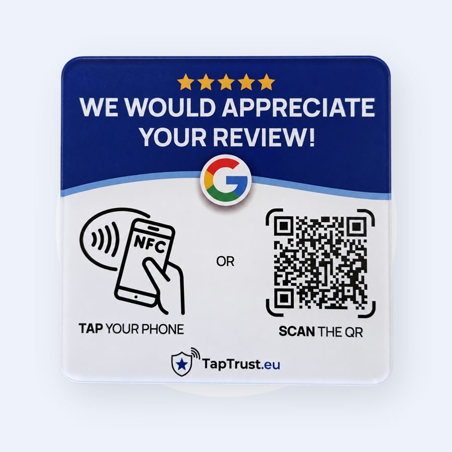 Google Review Plaat met NFC en QR-code en plakstrip voor tafel, wand of deur