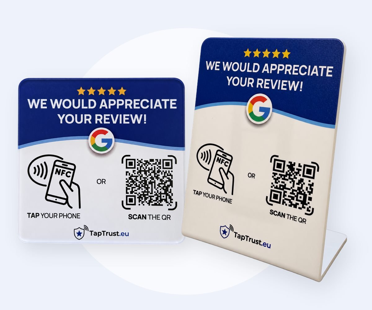 Google review standaard en Google review plaat van TapTrust met NFC-chip en QR-code