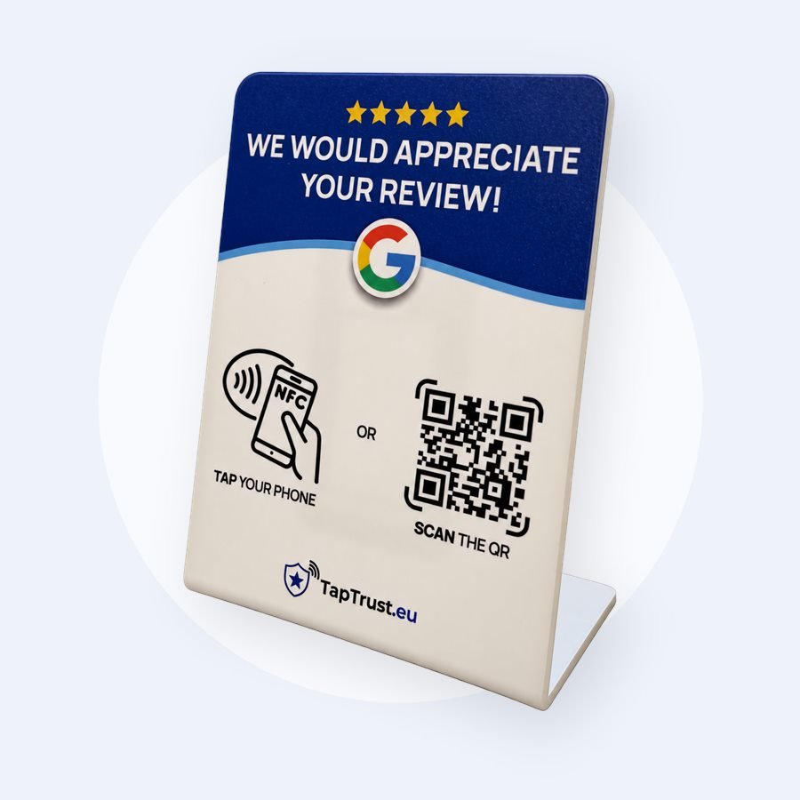 Google Review Standaard met NFC en QR-code voor op de balie of tafel